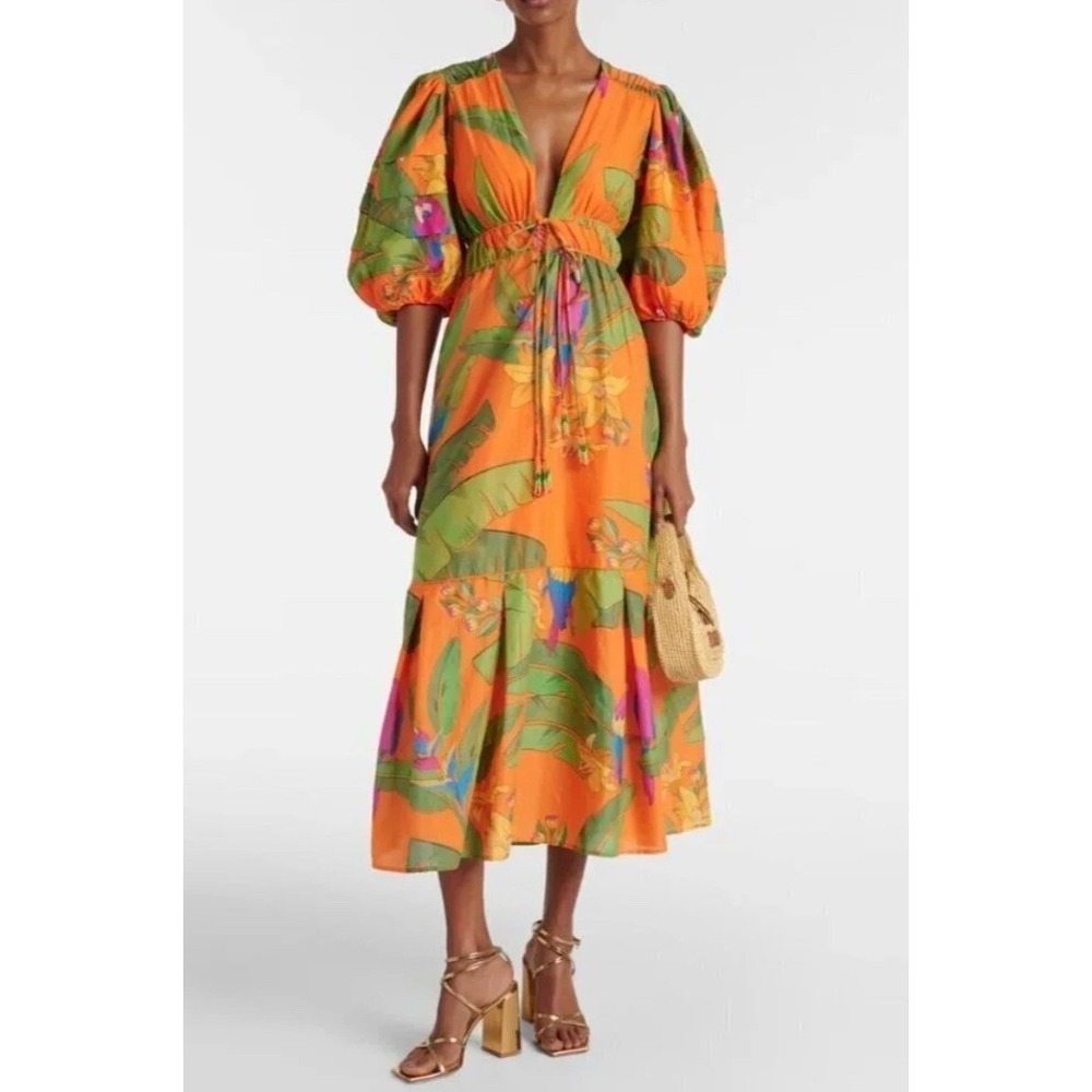 Farm Rio Macaws Orange Midi Dress Women Size M Orange NWT Tropical Puff Sleeve